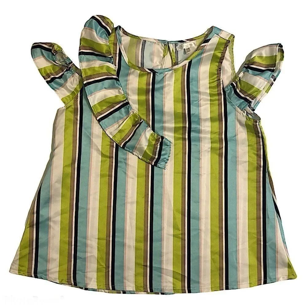 Tahari girls striped Green blue cold shoulder blouse tank top sleeveless 14/16